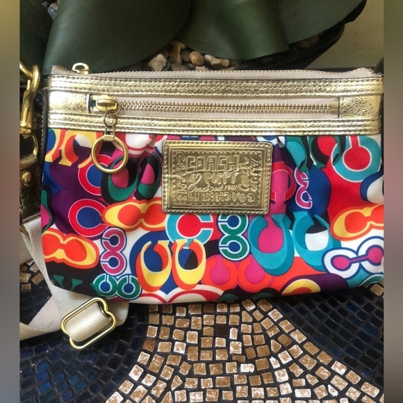 Coach Poppy Daisy Vibrant Colorful Signature “C” Gold Metallic Cross Body Bag - Picture 1 of 14